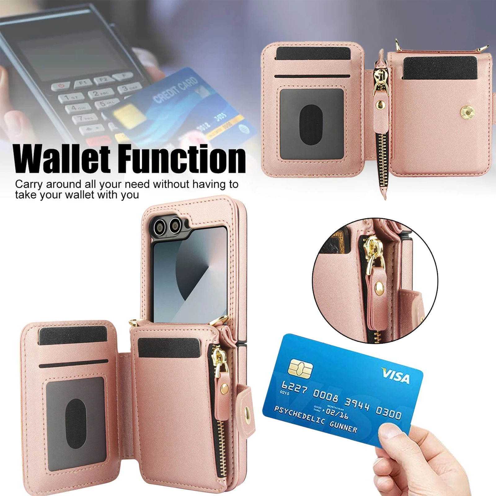 Skórzane etui na karty z zamkiem błyskawicznym do Samsung Galaxy Z Flip 7 FE 6 5 4 Grid Pattern Flip6 Flip5 Long Lanyard Cover — zdjęcie produktu 4