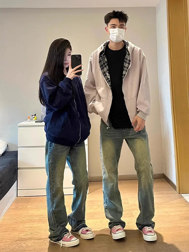

Couples High Waist Straight Leg Jeans Men's Women's Vintage American Waed Blue Jeans Trendy Streetwear Flared Pants