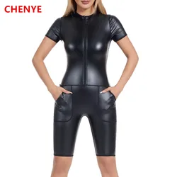 Women Faux Leather Shapewear Short Romper Jumpsuit T-Shirt Body Shaper Metallic Zip Front Slim BlouseLady Bodysuits with Pockets