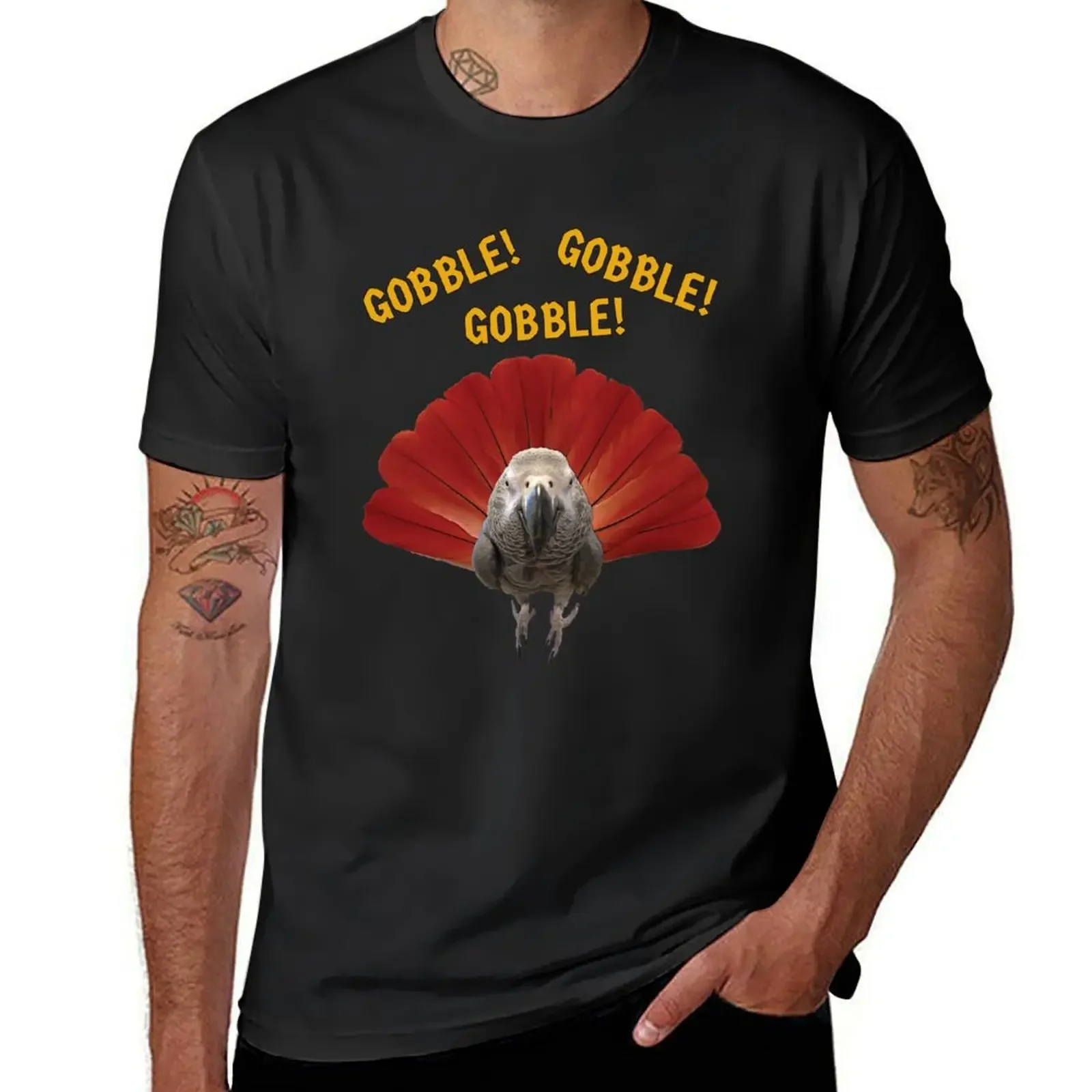 Gobble! Turkey Thanksgiving African Grey Parrot T-Shirt heavyweights designer shirts cute tops mens graphic t-shirts anime