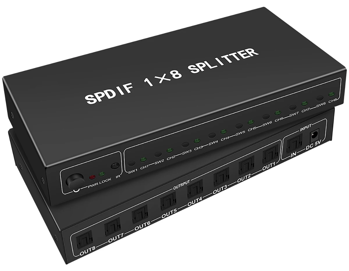 

SPDIF/TOSLINK Digital Optical Audio Splitter 1x8 Audio Amplifier Support DTS/Dolby With Power Adapter