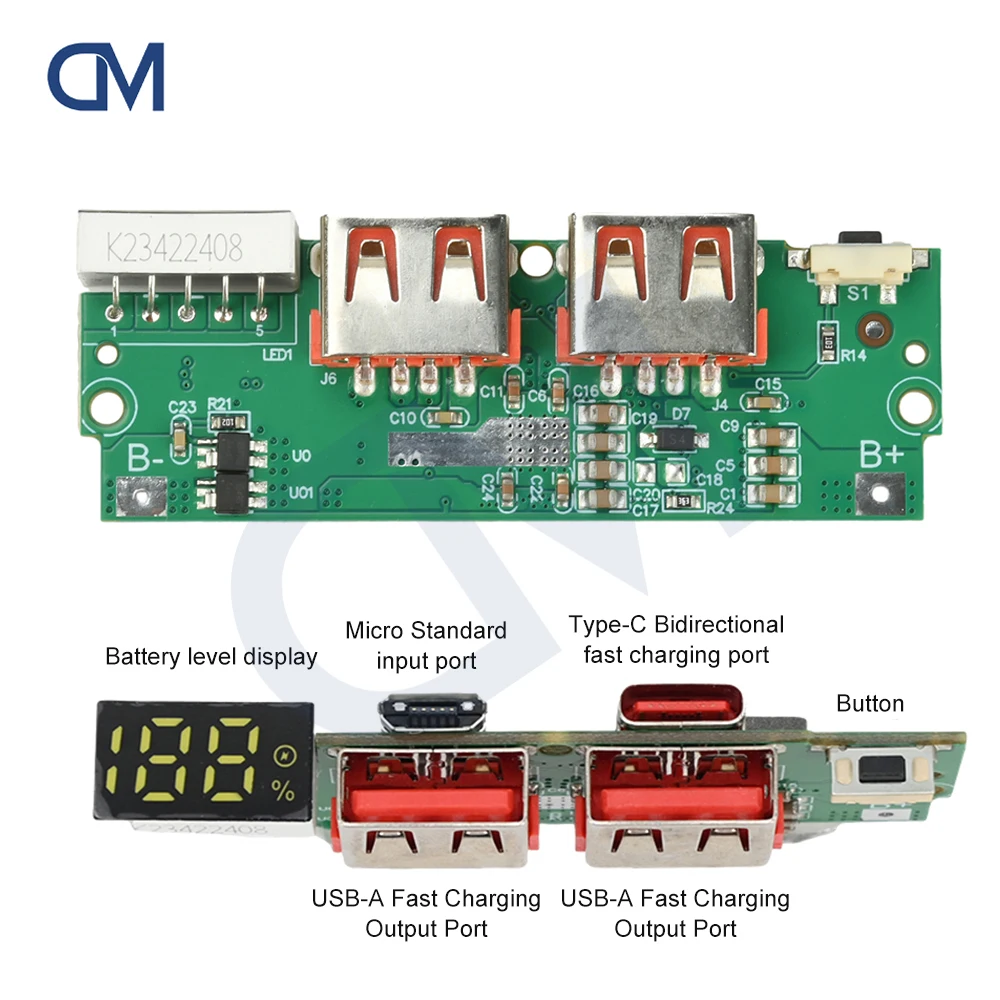 22,5 W Schnelllademodul für DIY Power Bank PD QC VOOC 3,7 V Lithium-Batterie-Ladegerät, Platine, Schaltungsschutz mit LED-Anzeige