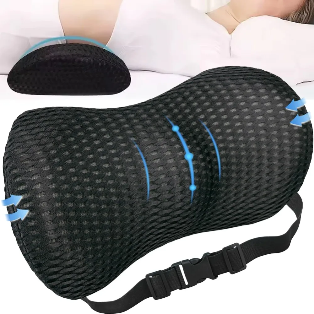 Coussin de soutien lombaire en mousse à mémoire de forme avec sangle réglable, oreiller ergonomique pour le dos pour chaise de bureau et siège de voiture – Idéal pour soulager la colonne vertébrale des employés de bureau, pour le confort lors de longs trajets et pour une utilisation quotidienne respirante pendant la grossesse ou pour les personnes âgées.