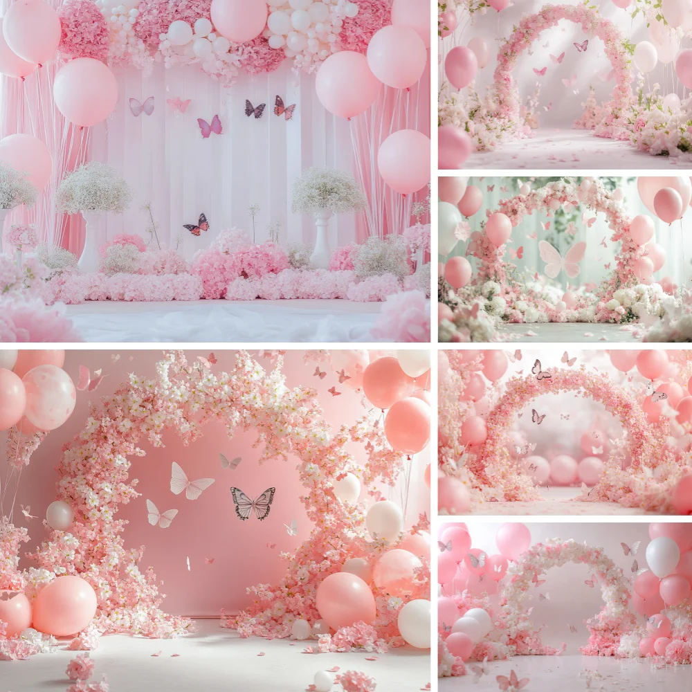 

Baby Shower Pink Floral Butterfly Photography Background Arched Balloons Decor Children's Birthday Portrait Photo Shoot Backdrop