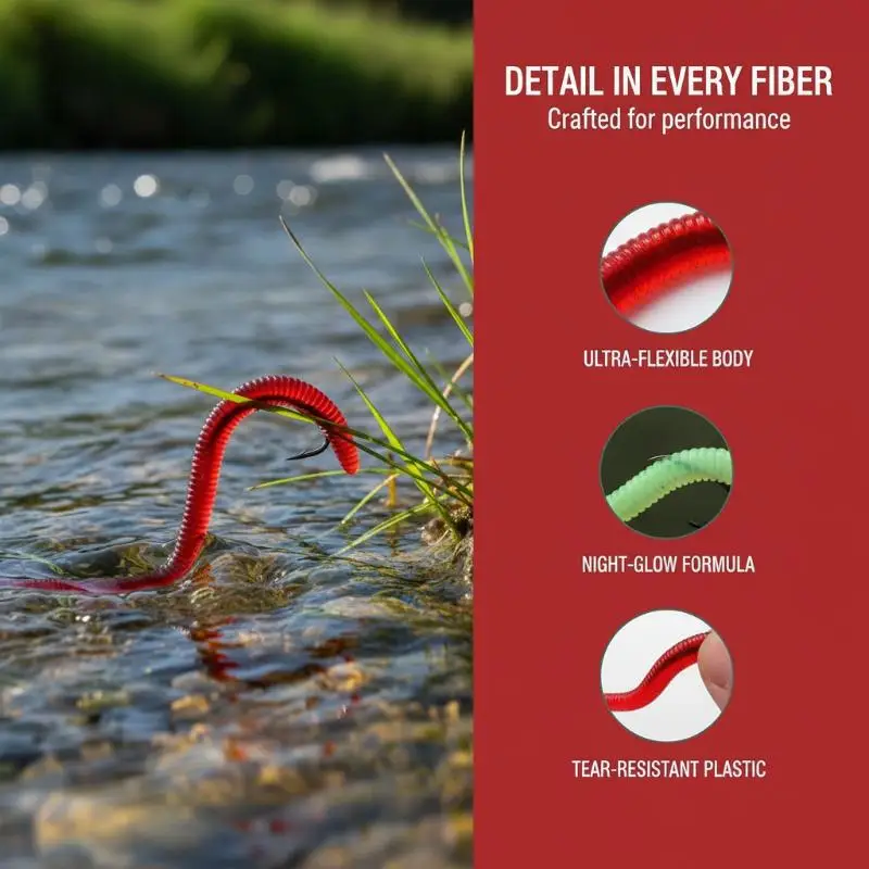 Angelköder 50 Stück Weiche Elastische Rote Wurmköder aus Kunststoff Realistisches Design Langlebig für Süßwasserfischerei – Detail 3