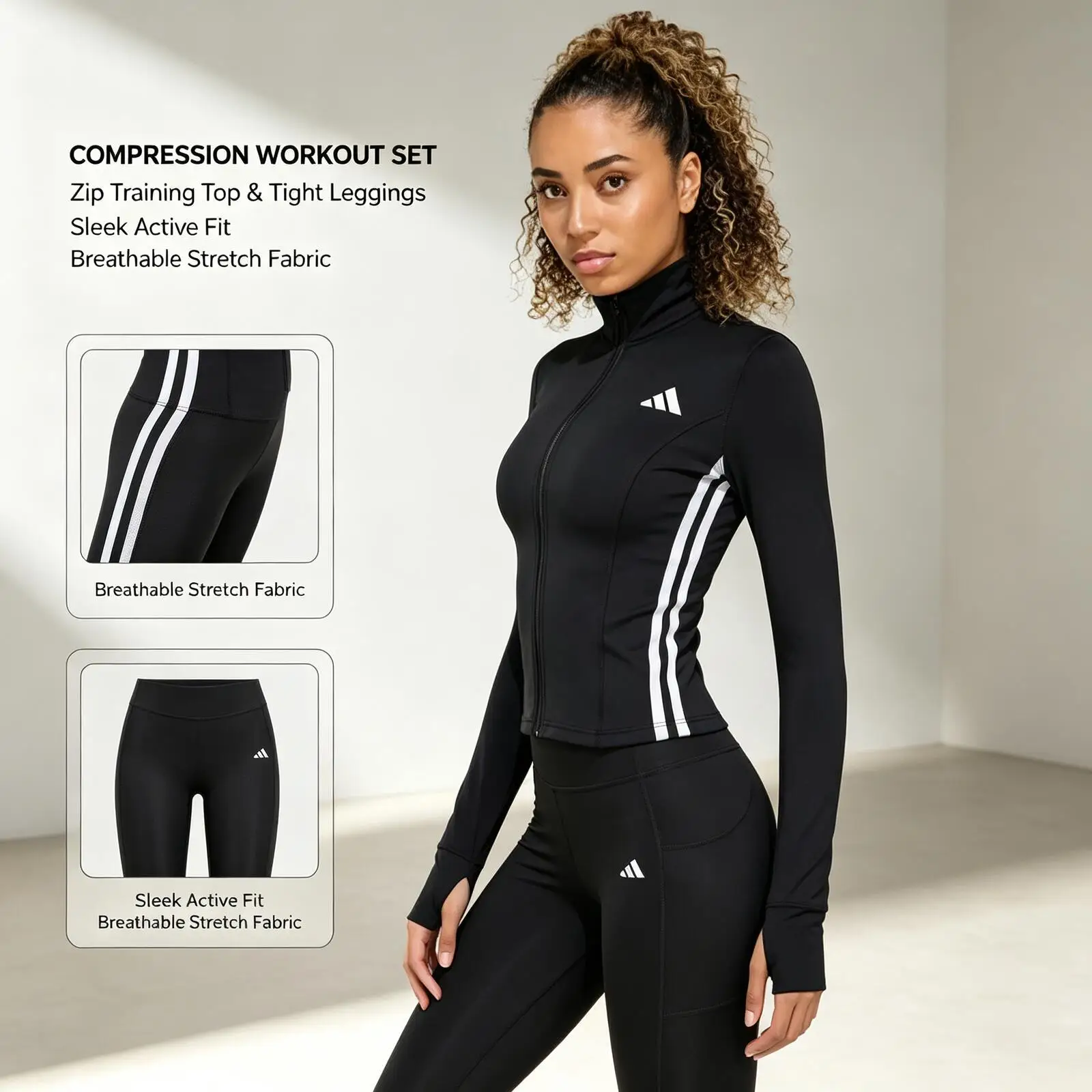 New Adidas Black High-Neck Training Set Zip Long Sleeve Top Tight Leggings Stretch Slim Fit Workout Activewear with Thumbhole Cu