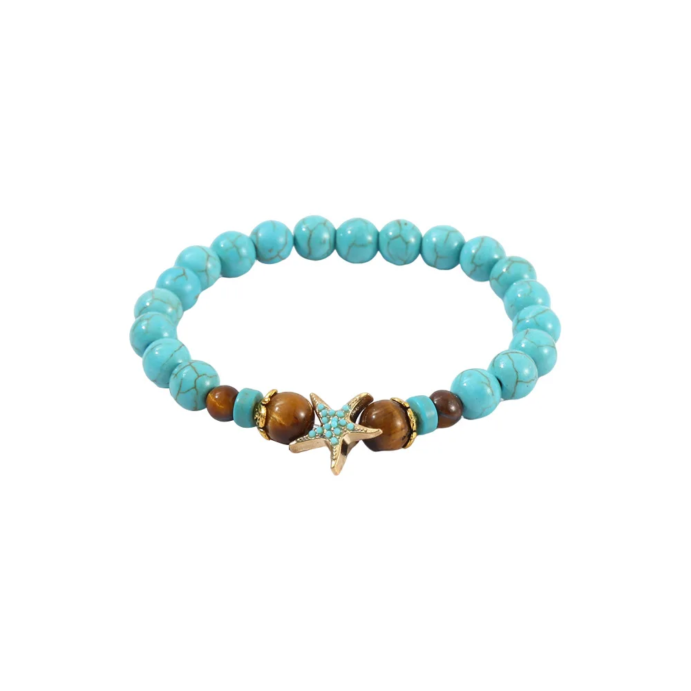 Beaded Bracelet 8mm Turquoise Natural Stone Tiger Eye Retro Cross Star Pendant Charm Jewelry Handmade Gift for Daily Party Use