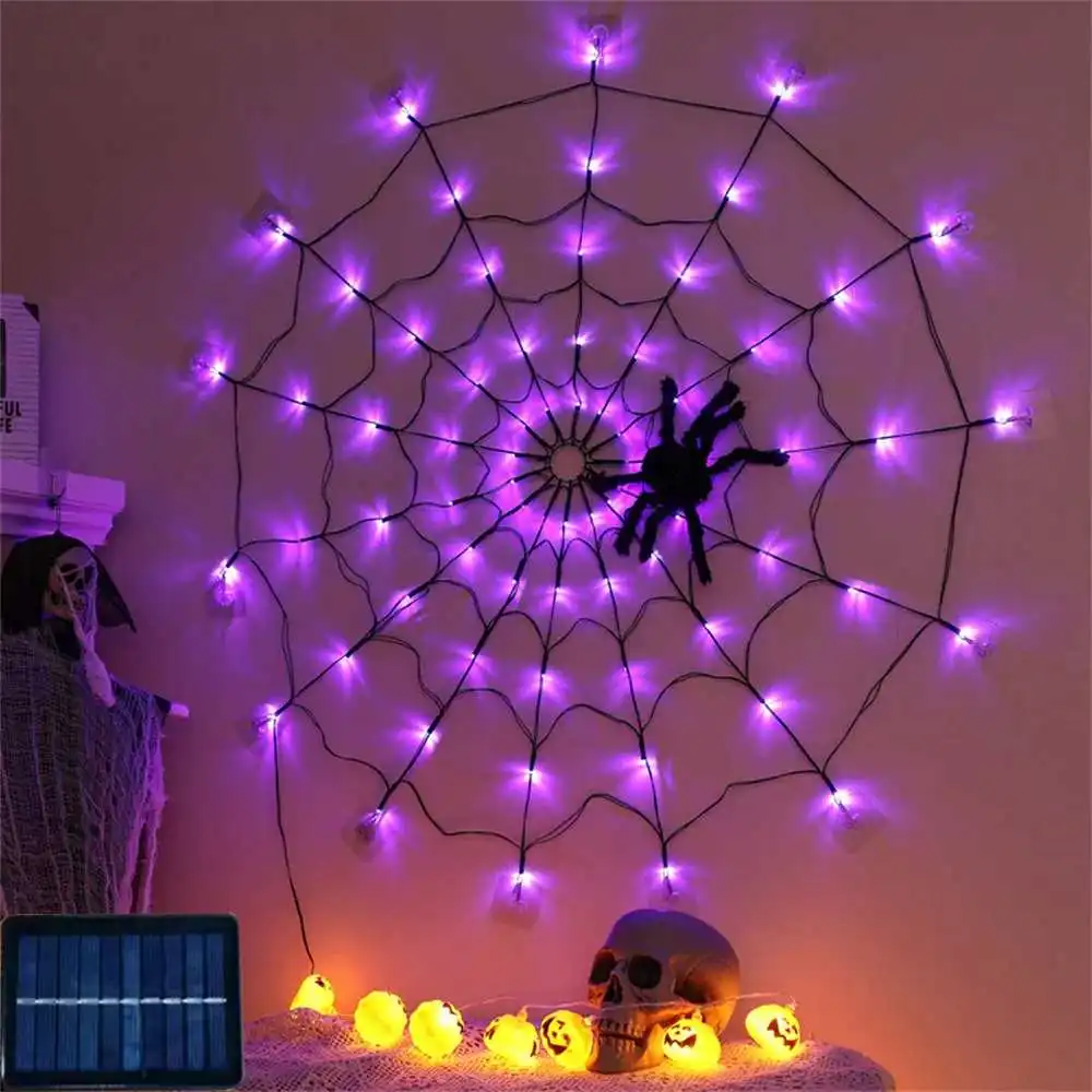 

Solar Halloween LED 1.2m Spider Web Lights Waterproof Black Spider Net Lights Halloween Purple String Light Outdoor Home Party D