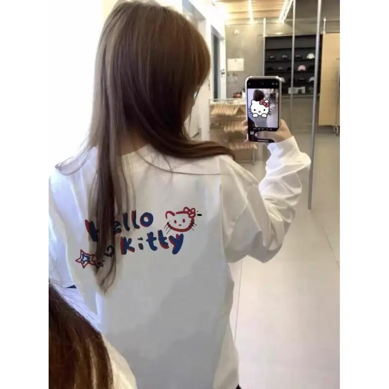 

Sanrio Hello Kitty women's T-shirt tops Long Sleeve Blouse Soft Cotton Autumn White Loose Sweet Flat Sleeve Instagram Fashion