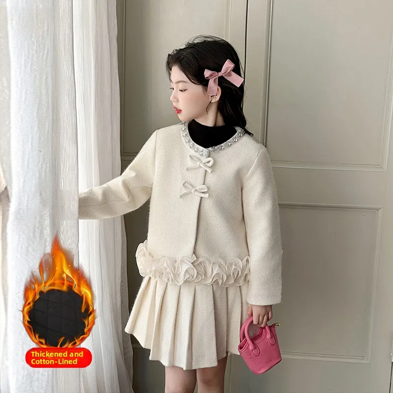 Thiened herfst winter Princ Sle Dr set voor meisjes knoop decoratie lange Sve ronde Ne katoen vrijetijdskleding