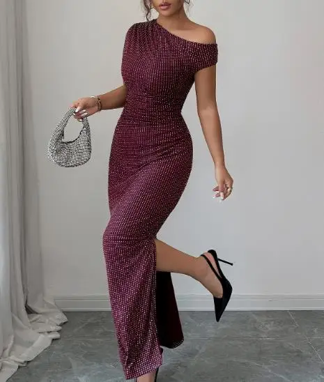 

Womens Dresses 2025 Spring Summer New Solid Color Elegant Fashion Slanted Collar Short Sleeve Slim Bag Hip Slit Long Dress