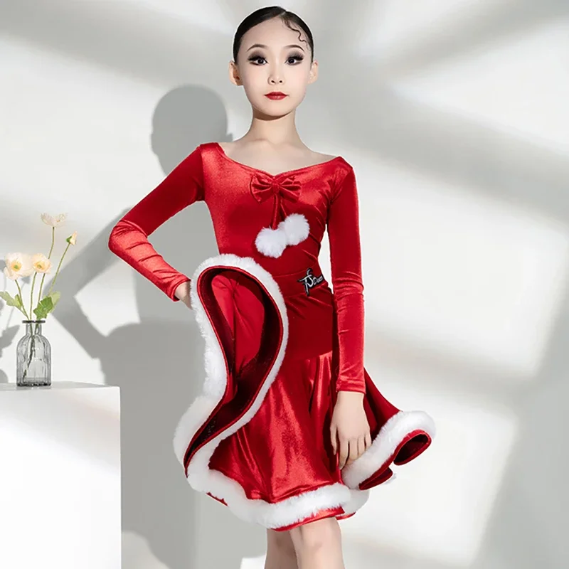 

Красное бархатное платье для выступлений с длинными рукавами для латинских танцев для девочек, боди для взрослых, юбки, профессиональный рождественский костюм