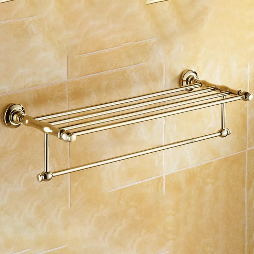 Toallero de baño de latón de Color dorado de lujo, soporte montado en la pared, estante de almacenamiento de ducha, accesorios de baño tba101