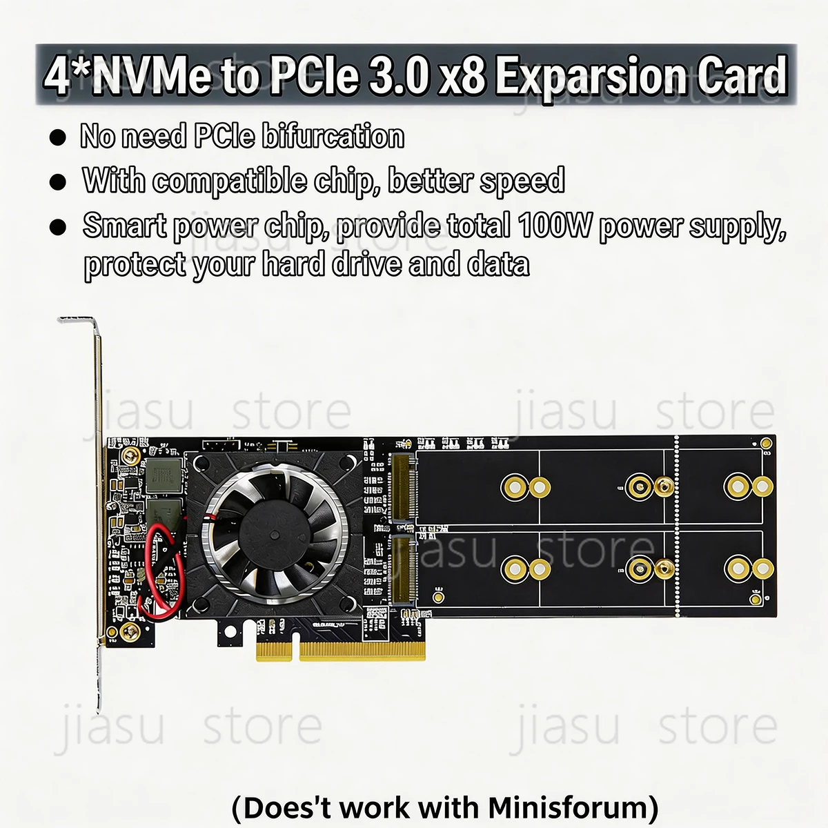 

NO NEED PCIe Bifurcation PEX8747 Quad 4 M.2 NVMe to PCIe 3.0 X8 Expansion Card Adapter, Support 22110/2280/2260/2242/2230 Size