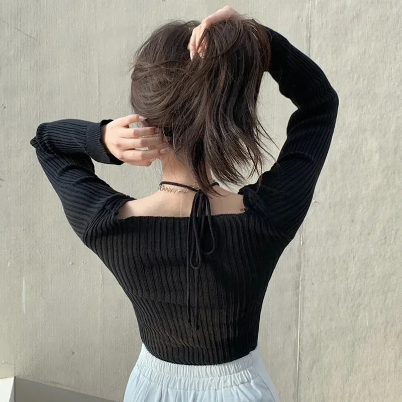 Spring And Autumn Long Sleeved Solid Color Slimming V-neck Hanging Neck Tops Women's Off Shoulder Knitted Sweaters