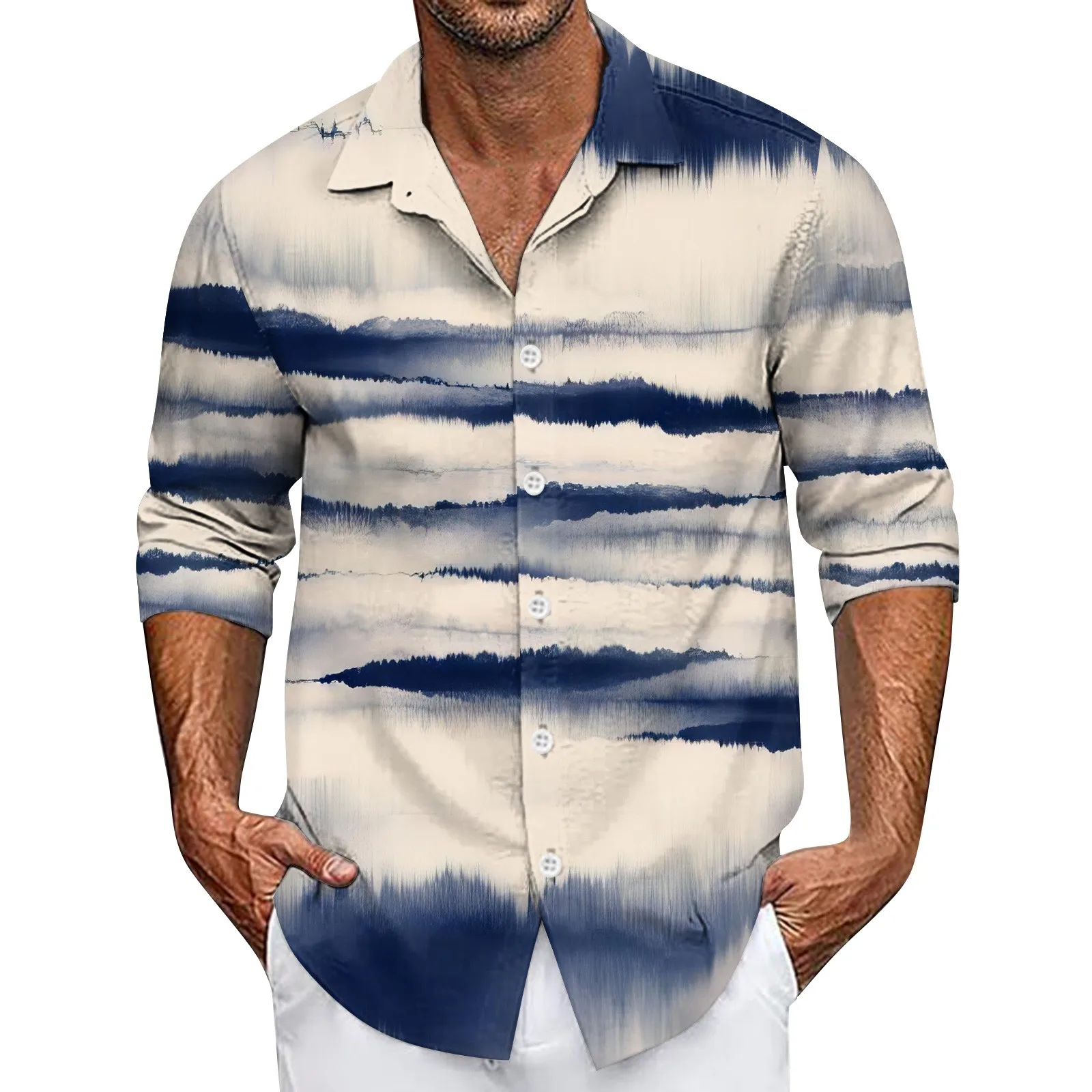 2024 Men T-Shirt Men'S Summer New Loose Print Long Sleeve Shirt Cardigan Beach Shirt Nuevo En Tops Y Camisetas Erkek TişöRt