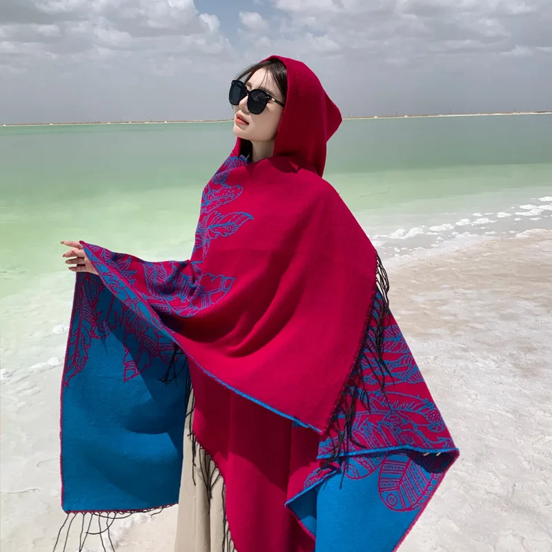 

Qinghai дорожная шаль с капюшоном женская весенне-осенняя накидка в стиле ретро в этническом стиле теплый шарф