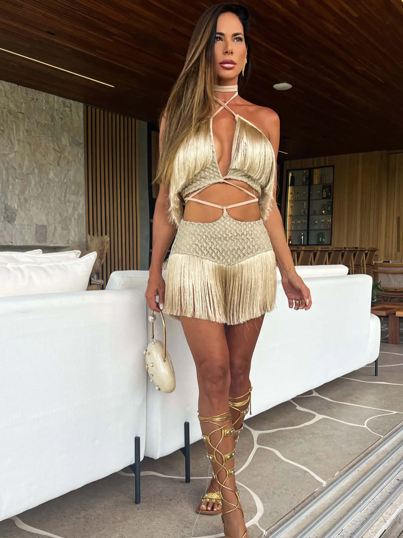 Sexy Gold Fringe Dress with Cutout and Cross-Strap Design - Adjustable Straps and Stylish Look, Perfect for Parties Summer Fun