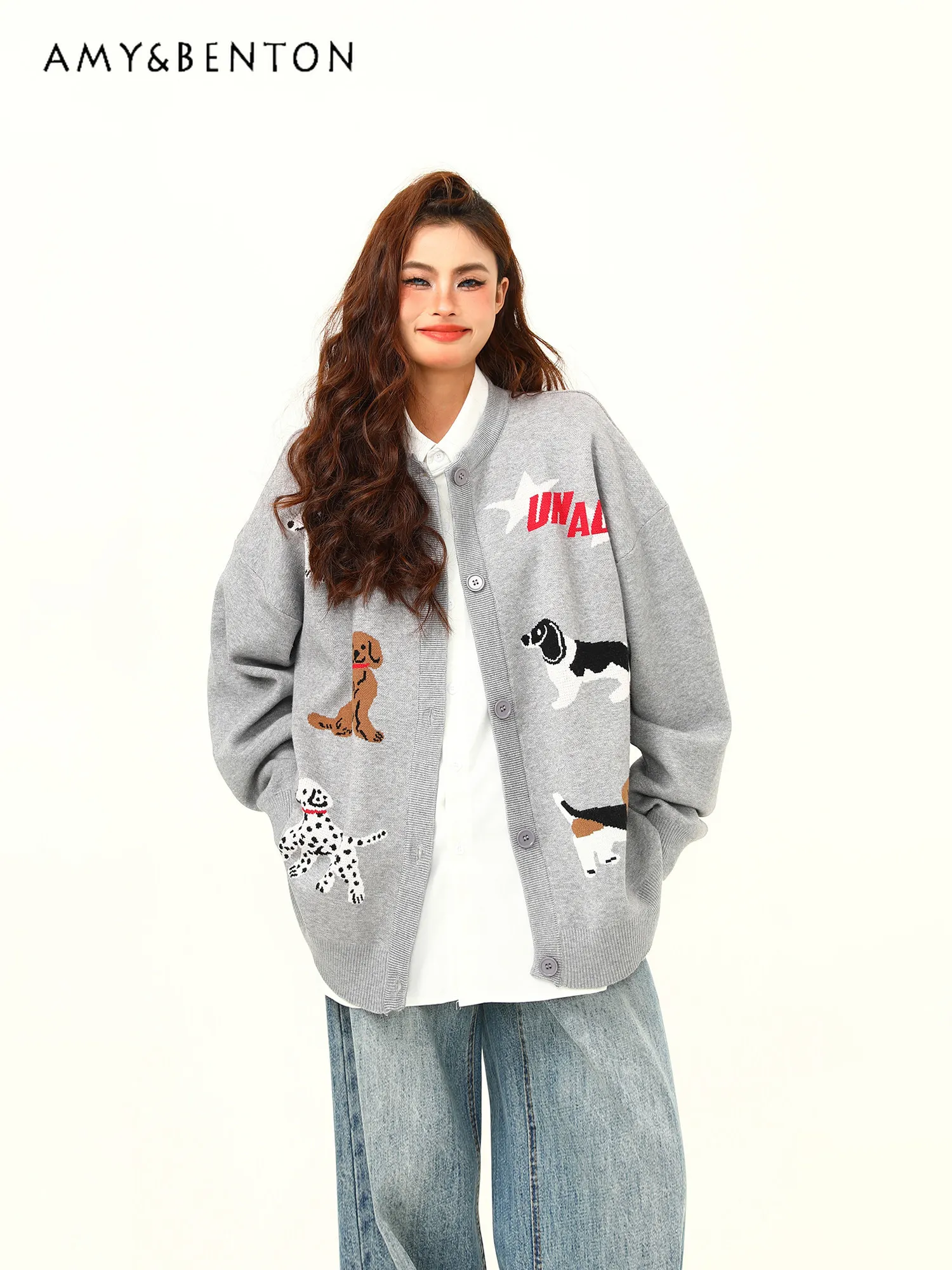 

Spring and Autumn American Retro Style Women's Cartoon Dog Embroidered Gray and Yellow Loose Casual Knit Cardigan Sweater