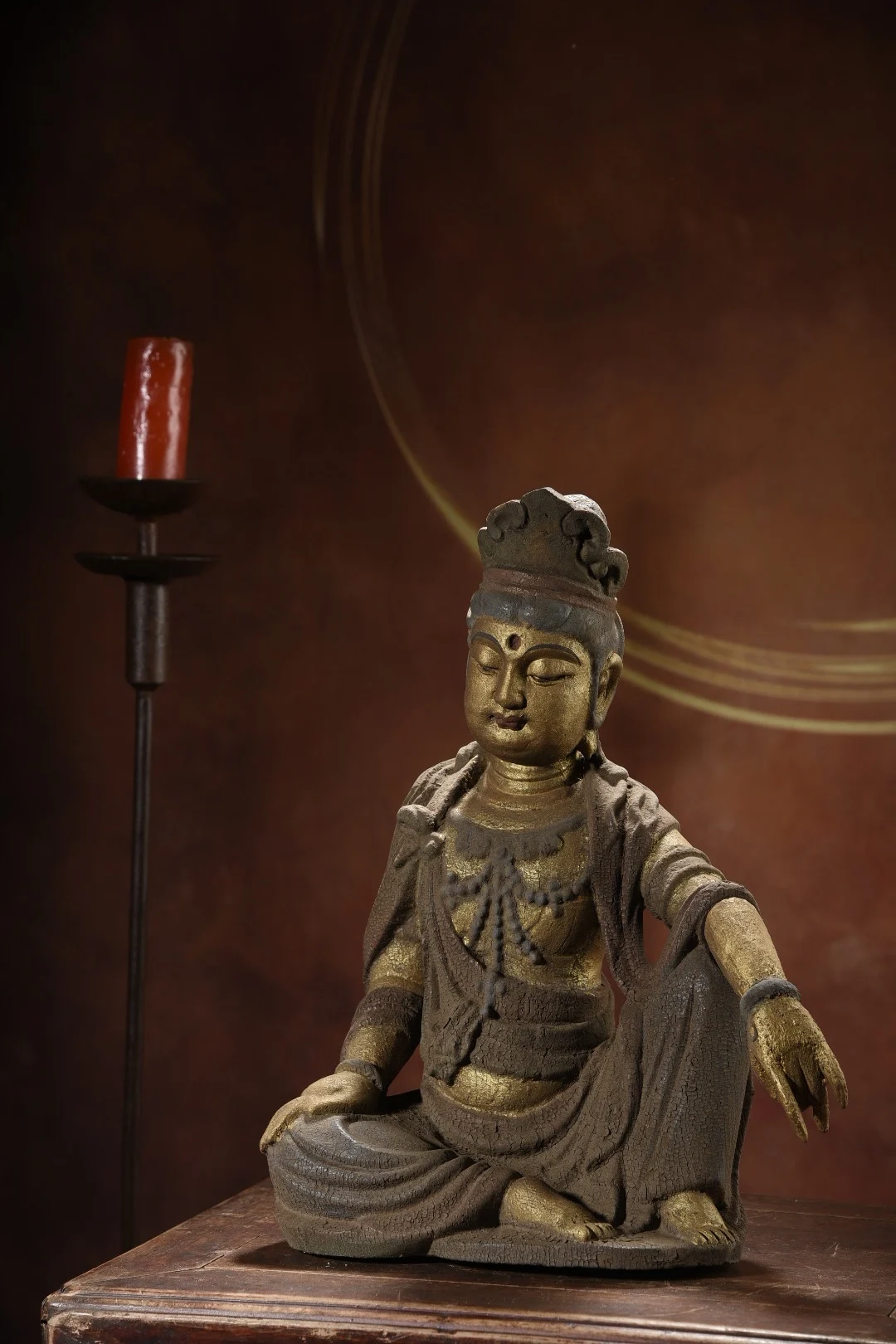 

14"Tibetan Temple Collection Old Wood Carving Painted Crack Texture Lacquer gold Free Guanyin Sitting Buddha Worship Hall