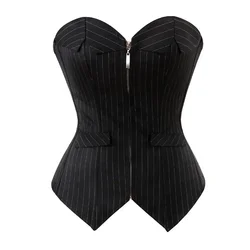 Espartilho elegante para mulheres escritório listrado espartilhos zip up bustier risca de giz korsett casual bustiers moda roupas trajes de festa