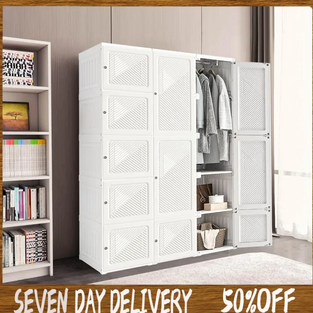 

Portable Closet Armoire Wardrobe Storage Cubes Foldable Organizer Plastic Bedroom Wardrobe Home Furniture Open Cabinet 8 cubbies