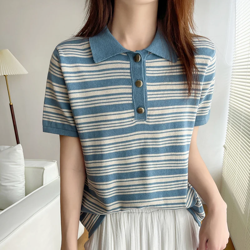 100% Reine Baumwolle Sommer POLO-Kragen Strickshirt Modisches Loses Lässiges Stilvolles Vielseitiges Damen Kurzarm-Streifenshirt
