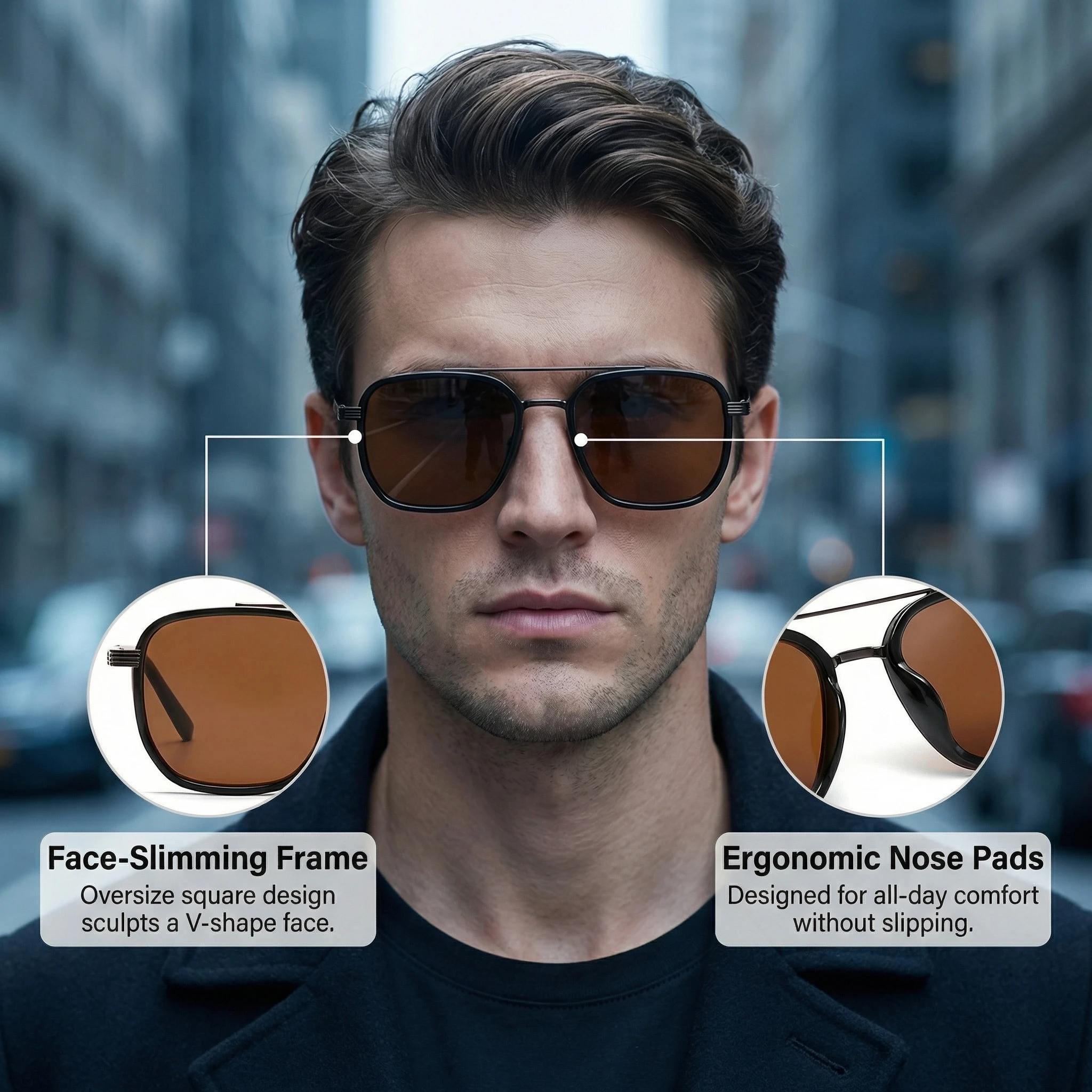 KLASSNUM Square Pilot Sunglasses Oversized Metal Frame UV400 Protection Lens for Men Women Trendy Sun Glasses for Driving Travel