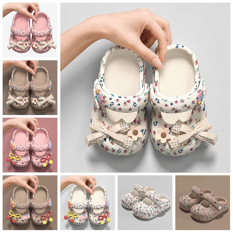 Toddler Girls Sandals Floral Butterfly Knot Print Mary Jane Open Hole EVA Slipper Rose Thick Platform Sole Beach Princess Shoes