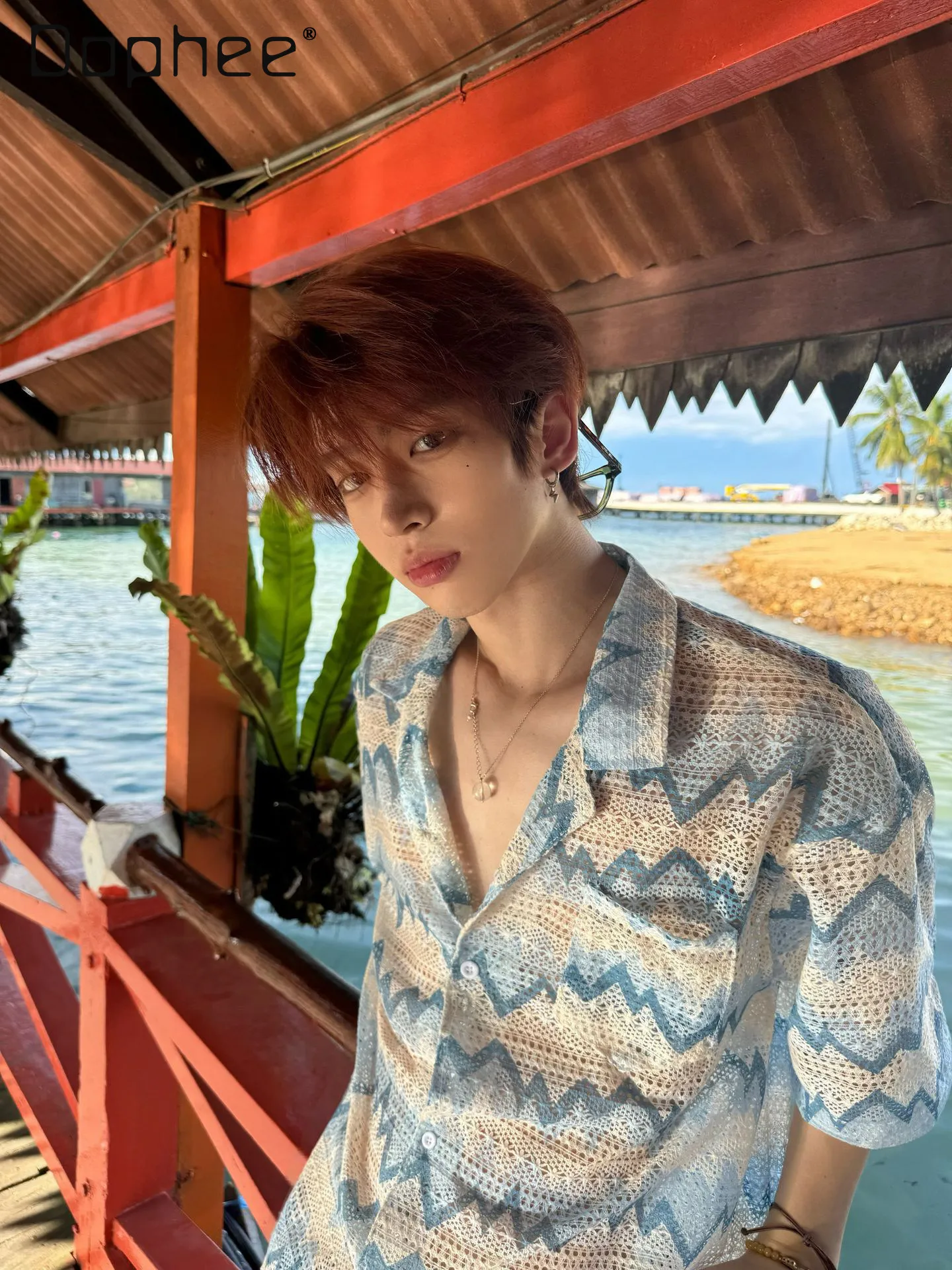 2026 Summer Seaside Vacation Men's Short Sleeve Shirt American Retro Blue Hollow Wave Printed Top Loose Casual V-Neck Shirt Men