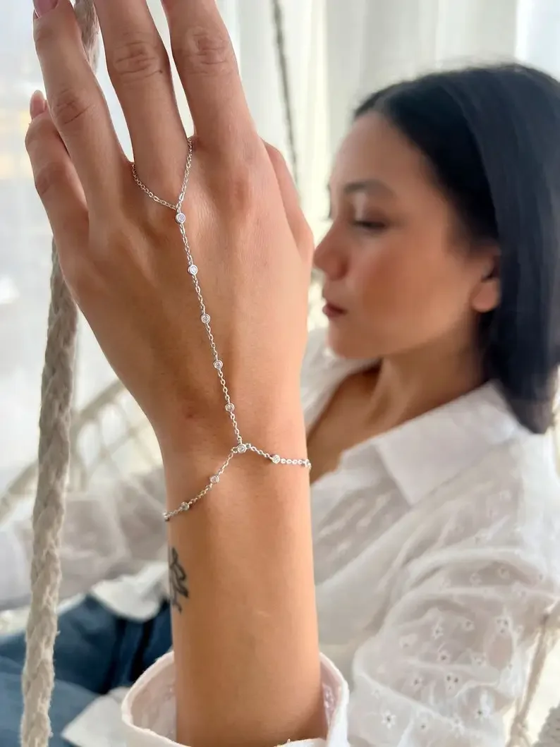 Pulsera de dedo CZ, Pulsera de mano de plata de ley, Anillo pulsera de esclavo, Pulsera de cadena de mano de oro rosa, Cadena de playa para mujer