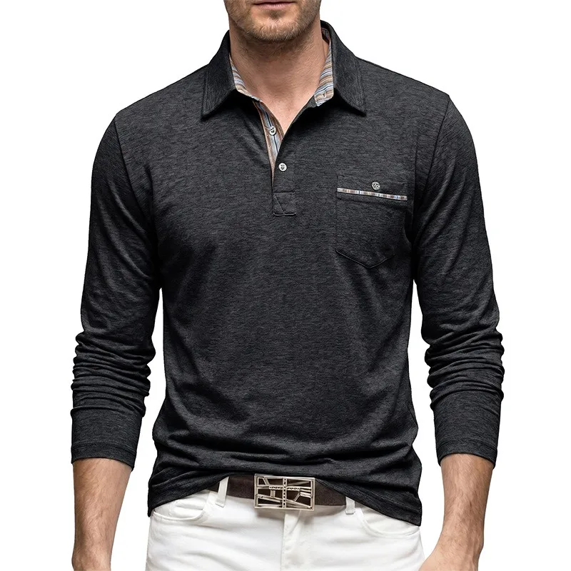 New autumn winter long-sleeved men's pocket lapel large-sized business POLO shirt men's button-down base jacket soft comfortable