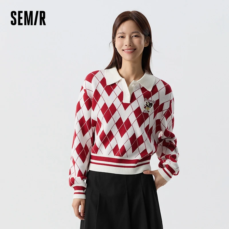 

Semir Knit Sweater Women New Year Style Playful 2024 Spring New Sweet Red Top Rhombus