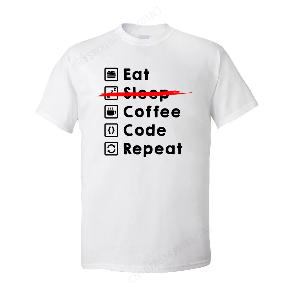 Мужская футболка Eat Coffee Code Повторите юмористический дизайн Футболка Хлопковые топы и футболки с круглым вырезом и короткими рукавами с графическим принтом