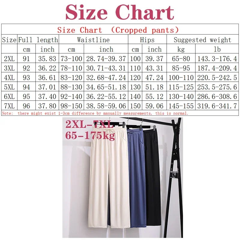 100/175kg Big Size Women Clothing Wide Legs Pants Show Thin Summer High Waist Straight Tube Pants Loose Ice Silk Cropped Pants