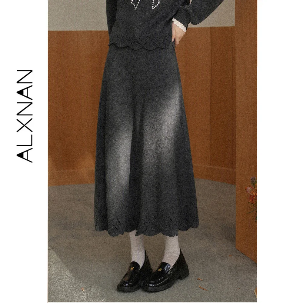 ALXNAN Women's Gray Skirt Elastic High Waist A-line Hollow Lace Hem Skirt 2026 Elegant Fashion Casual Ladies Clothing L680107A