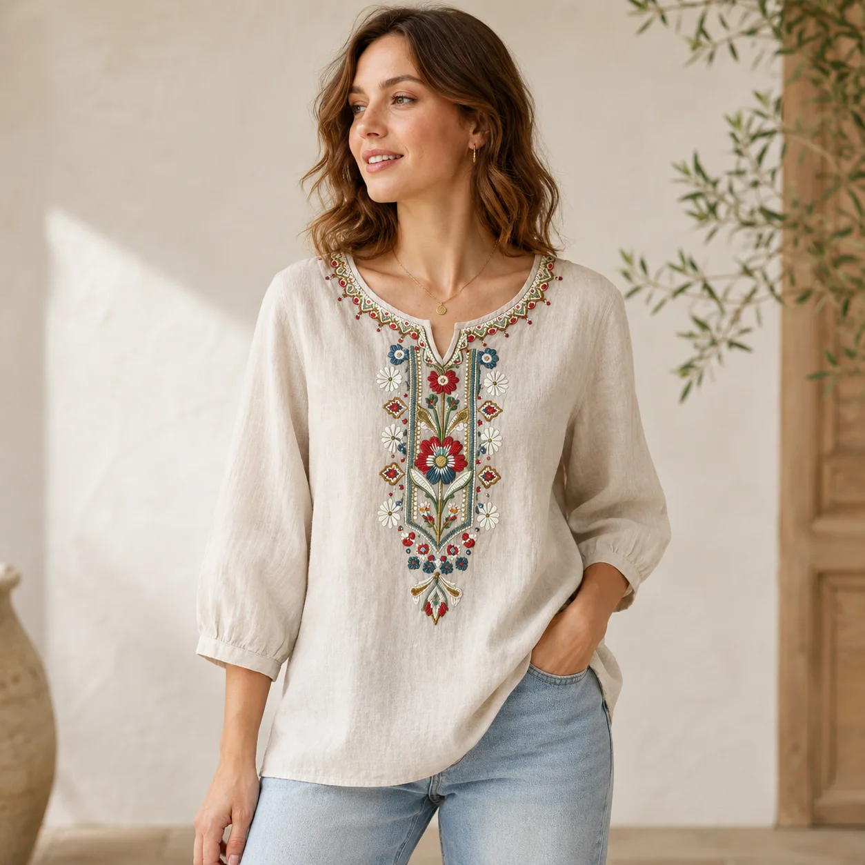 Women Boho Embroidered Blouse 3/4 Sleeve Split V Neck Floral Tunic Top Casual Loose Fit Summer Shirt