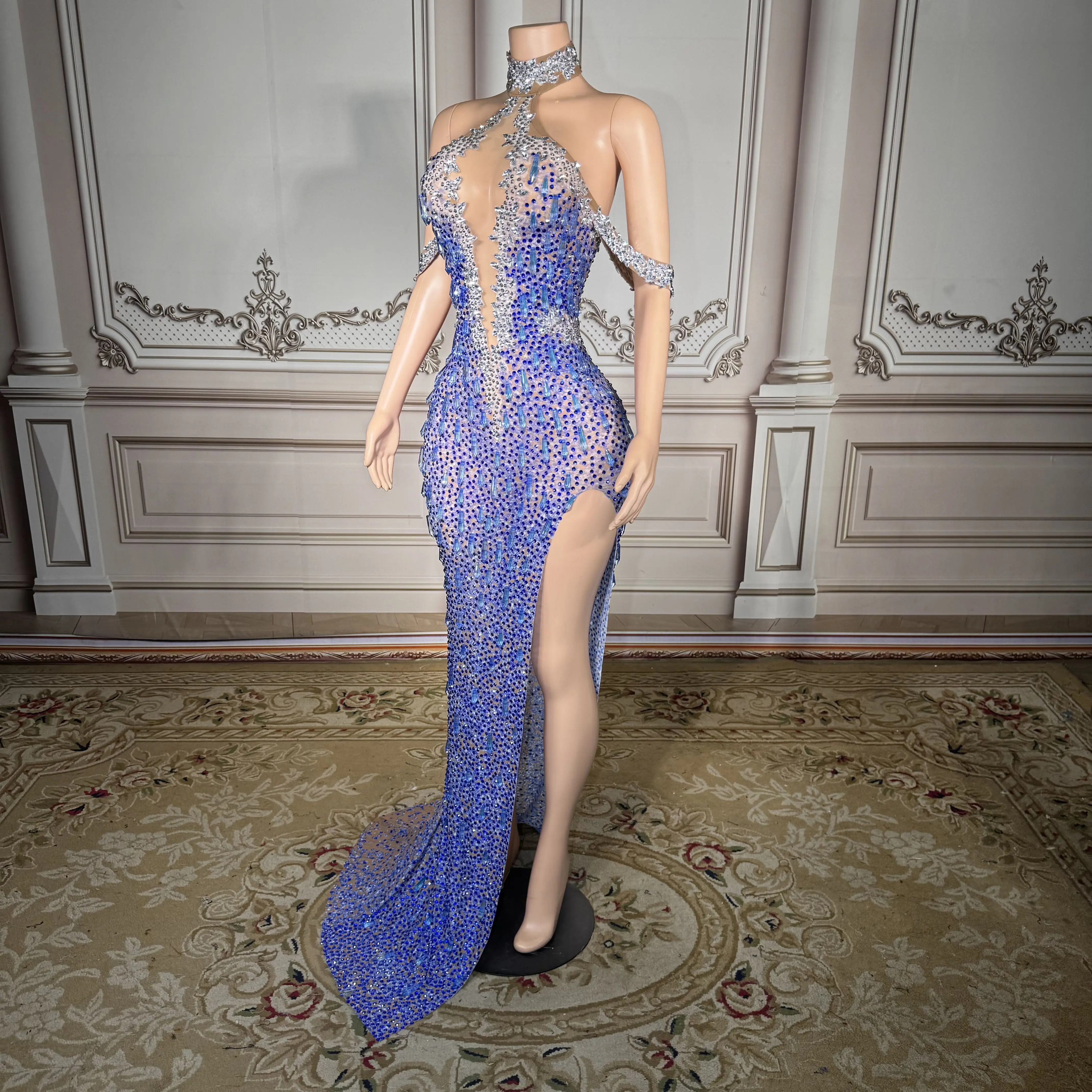 ZD, superventas, vestido de noche azul con diamantes de imitación brillantes, vestido elegante Sexy con abertura Halter, recién llegado, vestido para graduación