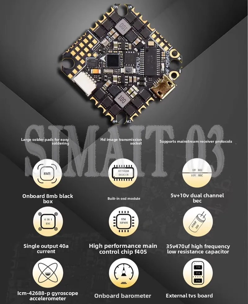 GHF405 AIO-HD Flight Controller w/ 40A 4-in-1 ESC | STM32F405, ICM-42688 Gyro, 5V/10V BEC | 2-6S for Toothpick/Racing
