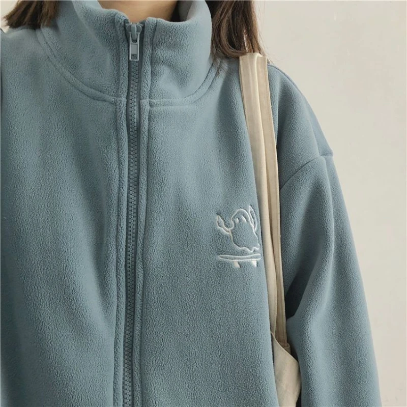 Women Embroidery Zip Up Hoodie Fleece Jacket Thick Warm Winter Plush Zipper Sweatshirt Outwear Hoodies Tops Clothes