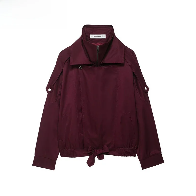 ZBZR Autumn New Women's Faion Loose Long Sve Jaet Double Collar  Knot Decorated Outerwear Retro Sle Polyest...