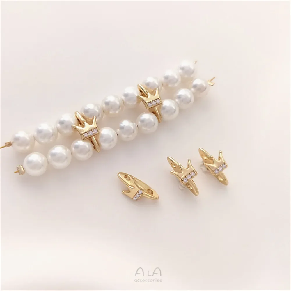 14K gold coated zircon bow crown peach heart double row pearl spacer diy hole bead bracelet accessory