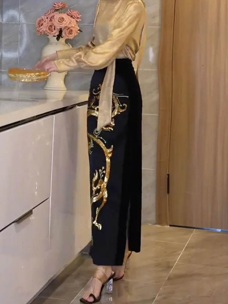 Ele Dragon Pattern Borduurwerk Hoge taille Asymmetrische split-bodycon rok voor herfst-winterseizoen Nieuwe retro Chinese Sle