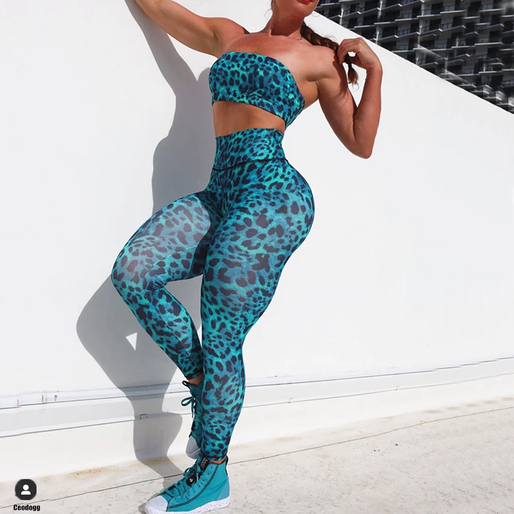 2024 Pad Tube Sports Bra Women Leopard Fitness Yoga Set Scrunch High Waist Peach Leggings Booty Pants Female Activewear Suits