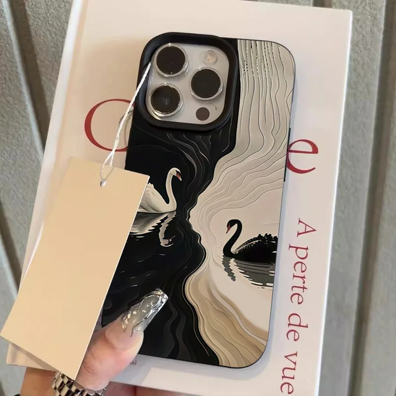 Black White Swans Pattern Soft Phone Case For iPhone 17 16 15 14 Plus 13 12 11 Pro Max XR XS product photo