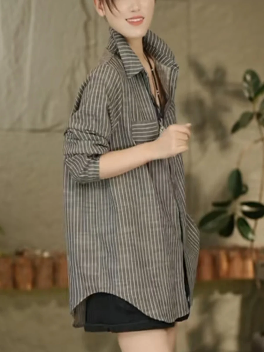 

Spring 2024 Women's Long Sve Stripe irt Casual Hong Kong Sle Vintage Ele Loose Top Commute Sle Straight Cut