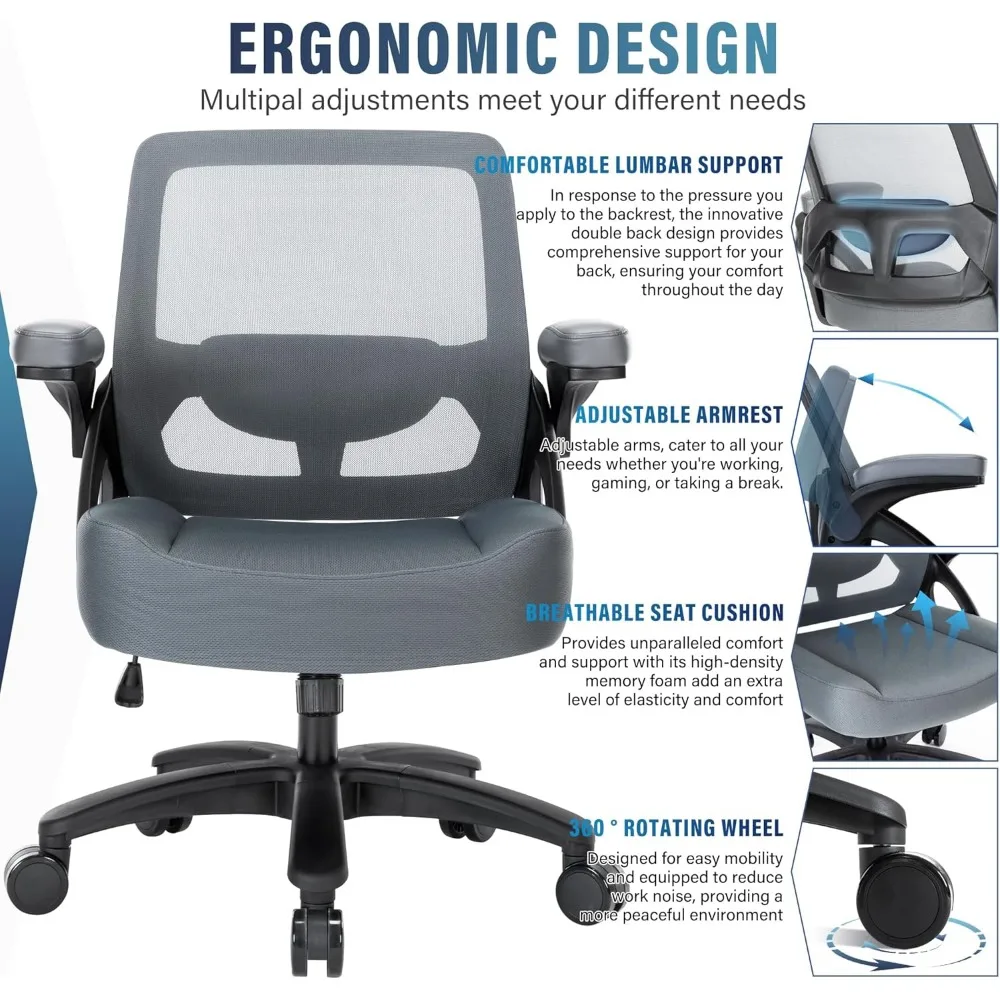 كرسي مكتب كبير وطويل بوزن 400 رطل - كرسي مكتب شبكي مريح مع أذرع قابلة للطي، كرسي كمبيوتر للمكتب المنزلي عالي التحمل، مقعد عريض O #4