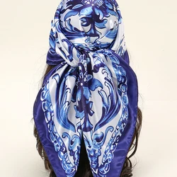 New Blue And White Porcelain Square Scarf Satin Silk Bandana Digital Printed Muslim Hijab Women Headscarf Casual Headband Scarf