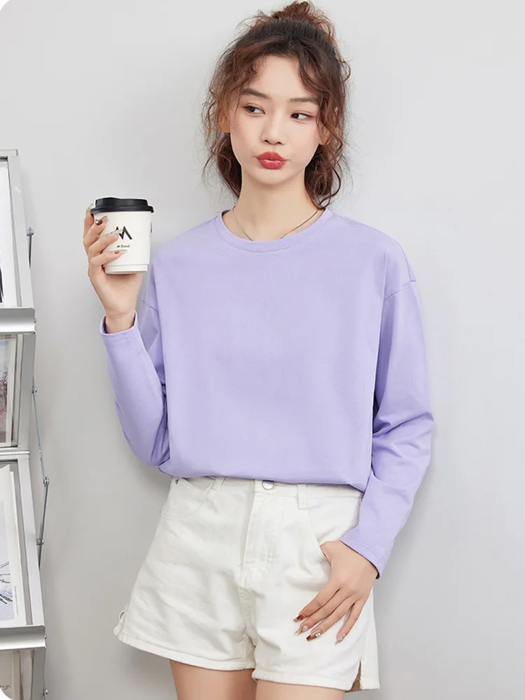New Women Spring Autumn Long Sleeve T-shirt Fashion O-Neck Drop sleeve Loose Cotton Tees Simplicity Casual Basic T-shirt