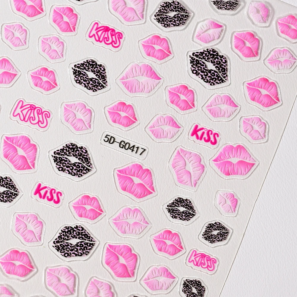 5D Pink Leopard Lips Nail Art Stickers Cute Macaron Heart Star Nail Decal Red Lip Love Romantic Valentine Manicure DIY Nail Deco